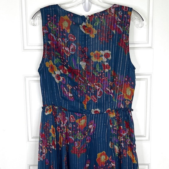 WALTER BAKER Teri Metallic Stripe Pleated Blue Floral Georgette Dress NEW Size 8 - Picture 7 of 13